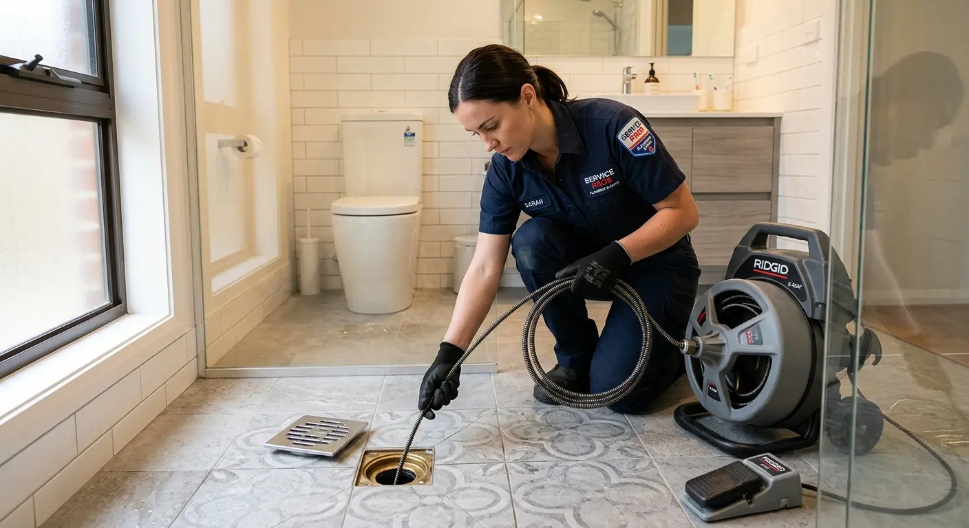 Technician clearing a bathroom floor drain for Drain Repair in Saco